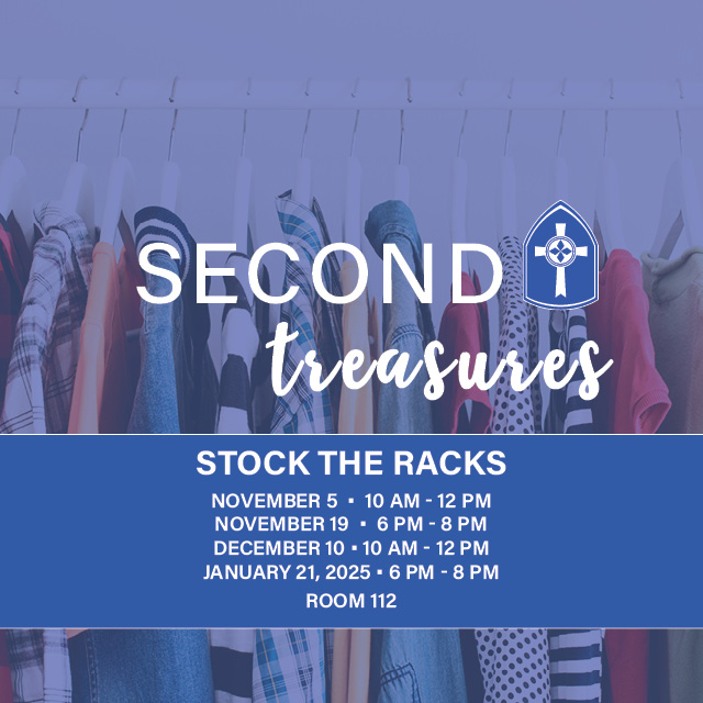 Multiple Dates & Times, Room 112
Help Women@Second sort and hang donations and stock the racks of our upcoming thrift shop, Second Treasures.


